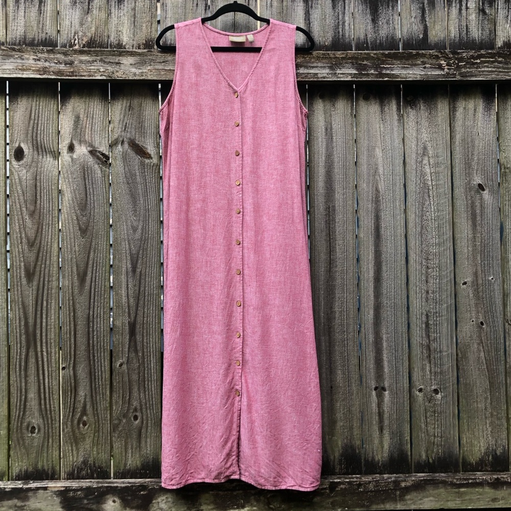 Linen Blend Button Front Midi Dress Dusty Rose Size M